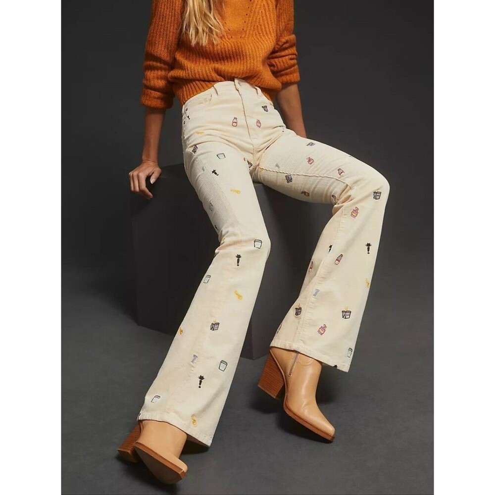NWT Pilcro Anthropologie | Icon Flare Embroidered Multi Corduroy Pants Women 34